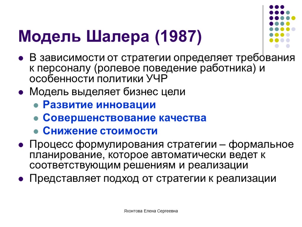 Яхонтова Елена Сергеевна Модель Шалера (1987) В зависимости от стратегии определяет требования к персоналу